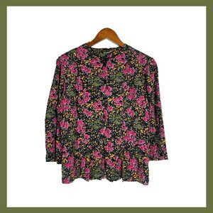 Vintage Stuart Alan Floral Pleated Peplum Jacket Black Pink Green 80s 90s Sz 12